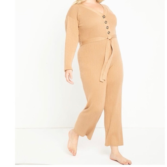 Eloquii Beige Long Sleeve Button Front Ribbed Sweater Knit Jumpsuit - Picture 4 of 12